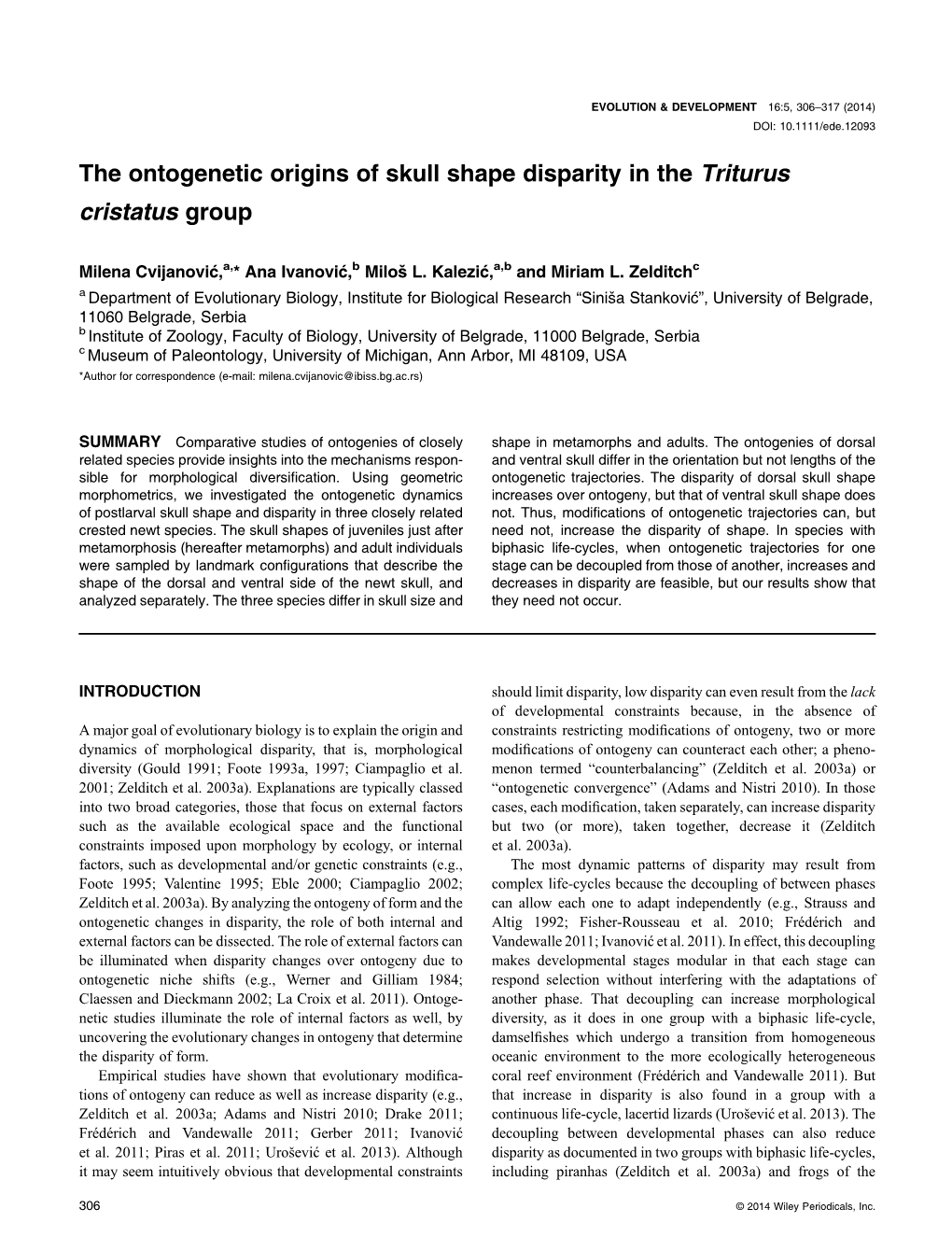 The Ontogenetic Origins of Skull Shape Disparity in the Triturus Cristatus Group