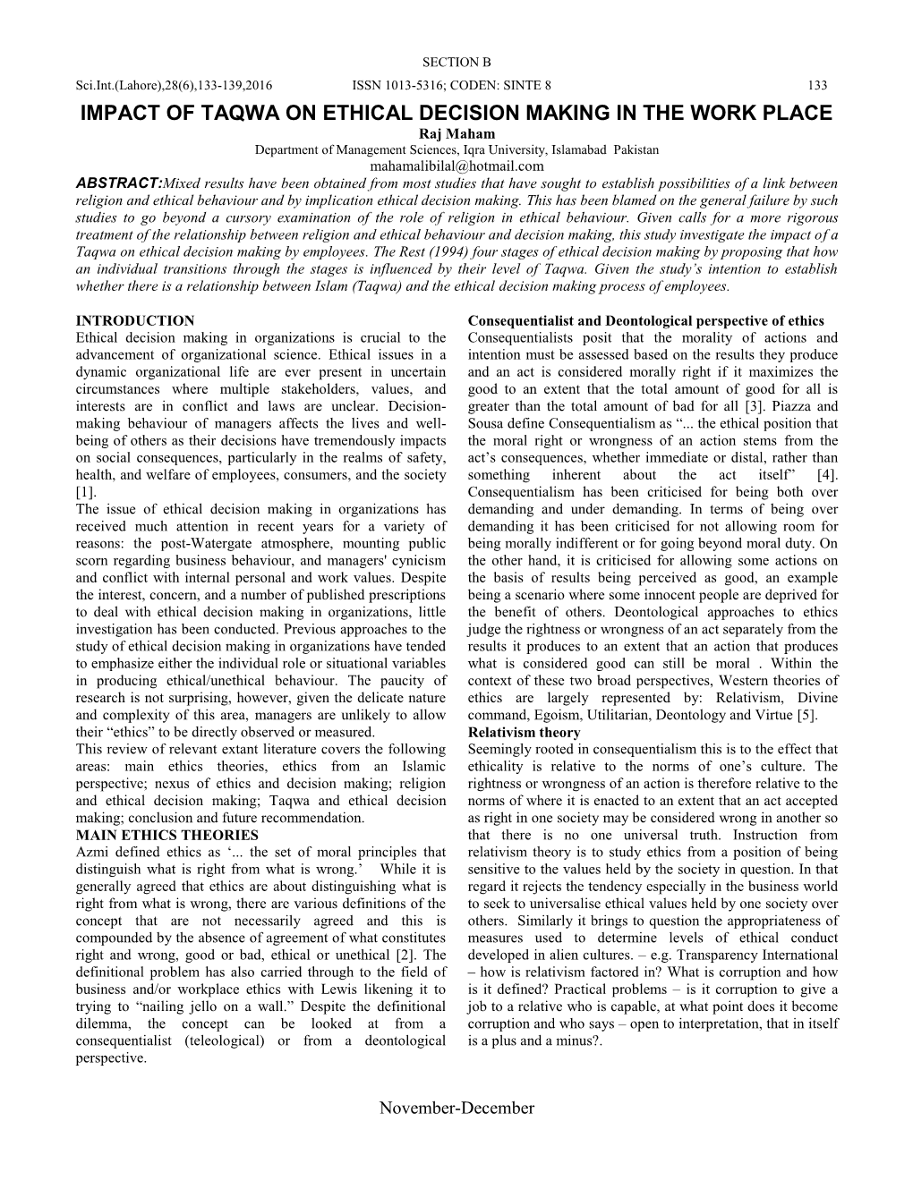 Impact of Taqwa on Ethical Decision Making in the Work