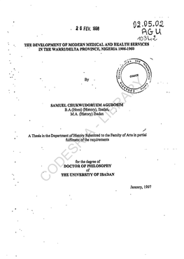 The Development of Modern Medical and Health Services in the Warri/Delta Province, Nigeria 1906-1960