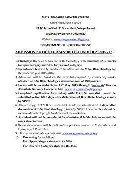DEPARTMENT of BIOTECHNOLOGY ADMISSION NOTICE for M.Sc
