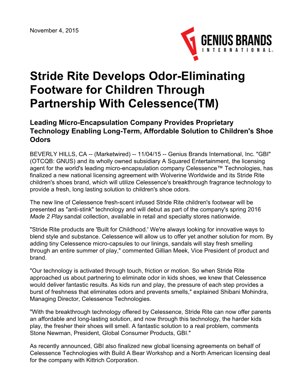 Stride Rite Develops Odor-Eliminating Footware for Children Through Partnership with Celessence(TM)