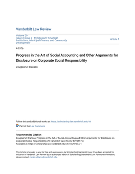 Progress in the Art of Social Accounting and Other Arguments for Disclosure on Corporate Social Responsibility