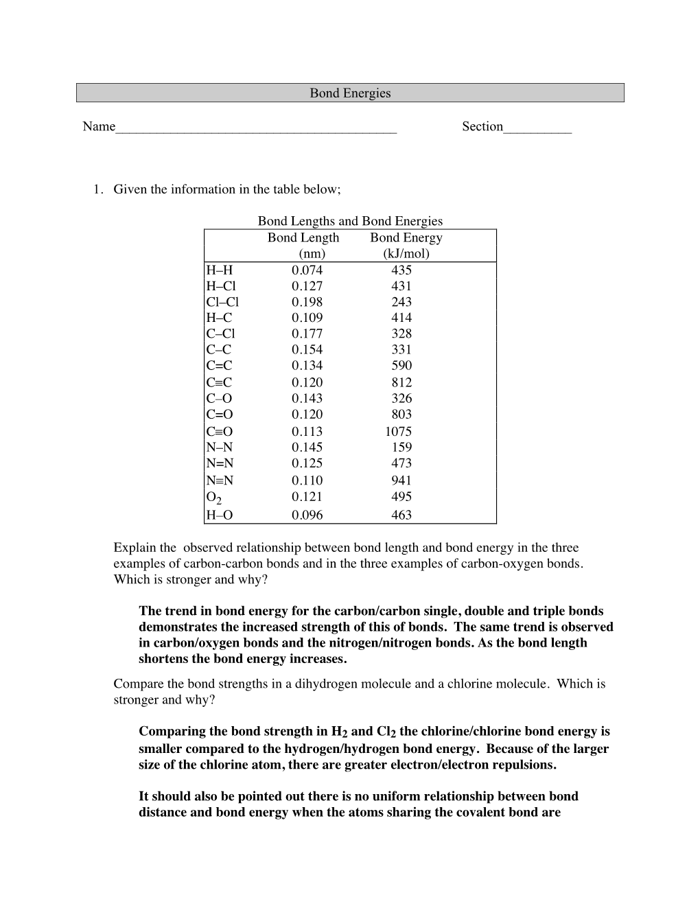 Bond Energies