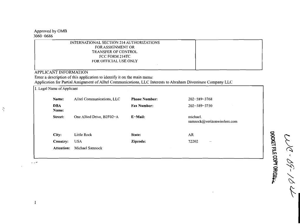 214 Authorizations Forassignment Or Transfer of Control Fcc Form214tc for Official Use Only