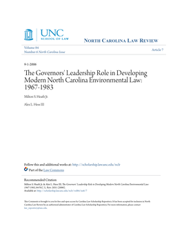 The Governors' Leadership Role in Developing Modern North Carolina Environmental Law: 1967-1983 Milton S