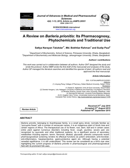 A Review on Barleria Prionitis : Its Pharmacognosy, Phytochemicals and Traditional Use