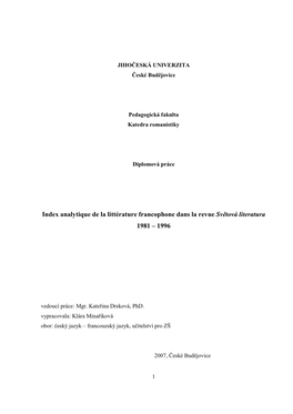 Analytique De La Littérature Francophone Dans La Revue Sv Ětová Literatura 1981 – 1996