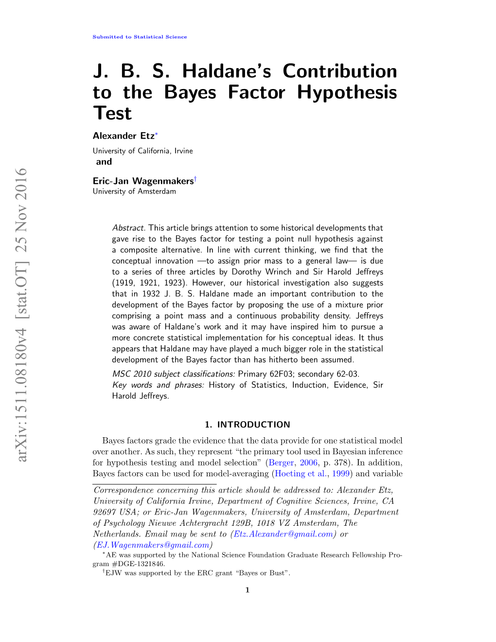 J. B. S. Haldane's Contribution to the Bayes Factor Hypothesis Test