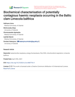 Biochemical Characterisation of Potentially Contagious Haemic Neoplasia Occurring in the Baltic Clam Limecola Balthica