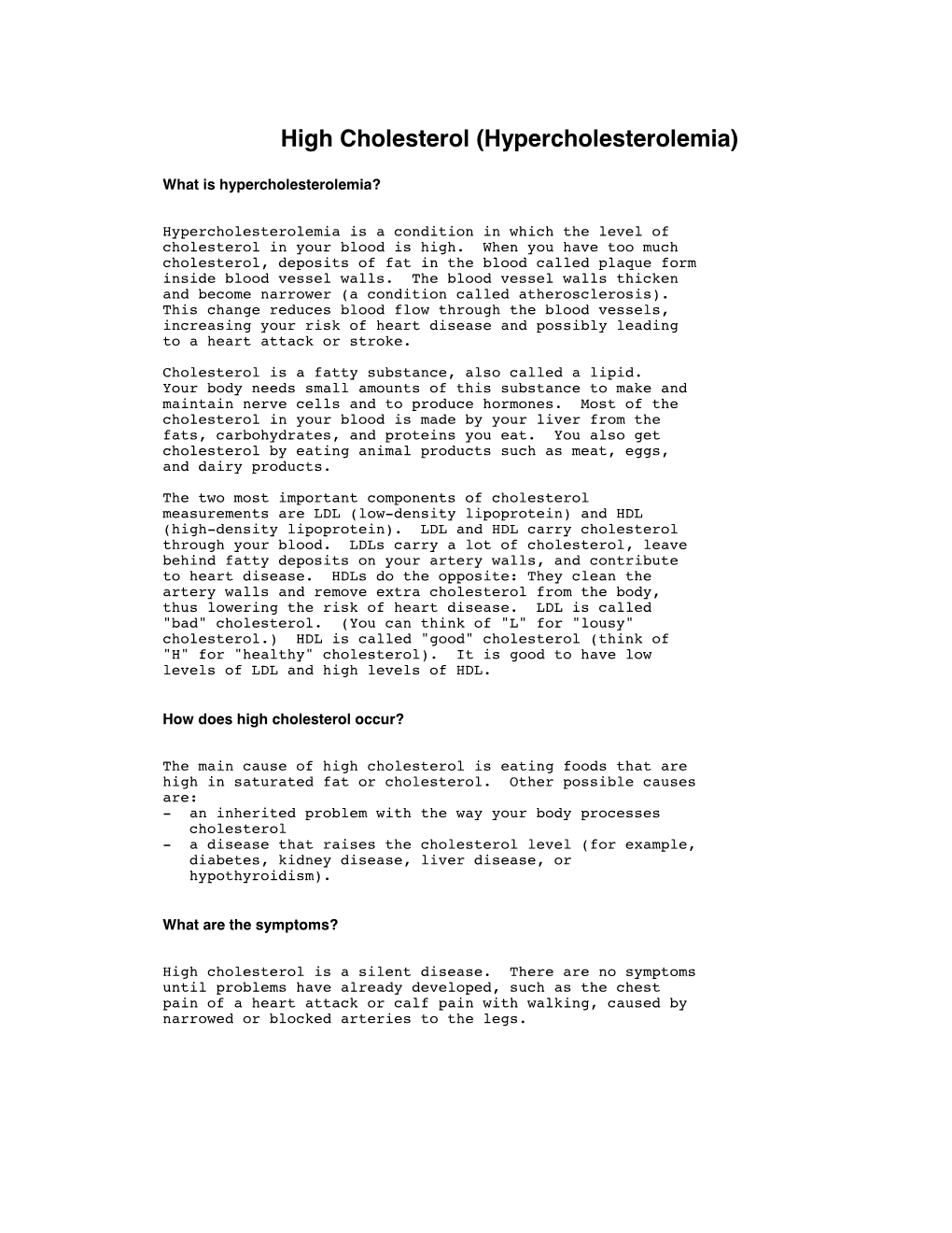 High Cholesterol (Hypercholesterolemia)