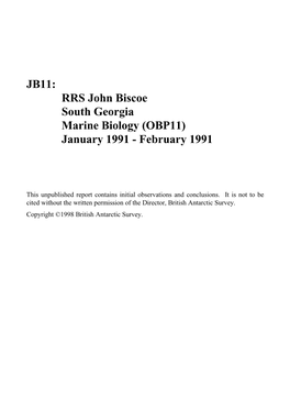 JB11: RRS John Biscoe South Georgia Marine Biology (OBP11) January 1991 - February 1991