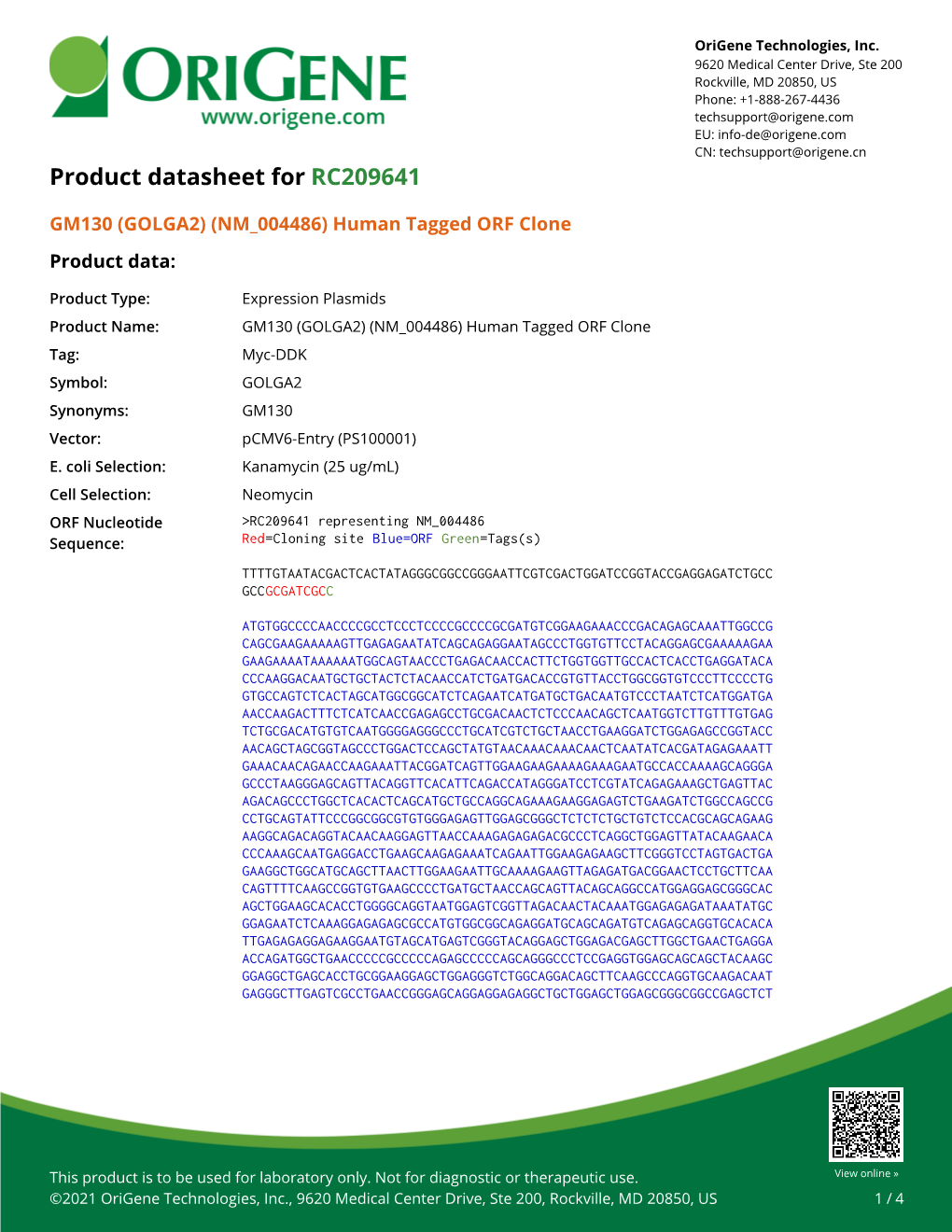 GM130 (GOLGA2) (NM 004486) Human Tagged ORF Clone Product Data