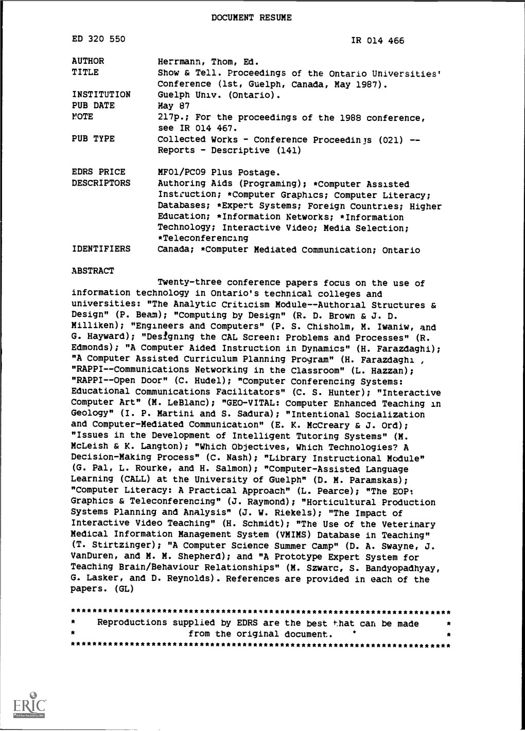 DOCUMENT RESUME ED 320 550 IR 014 466 AUTHOR Herrmann