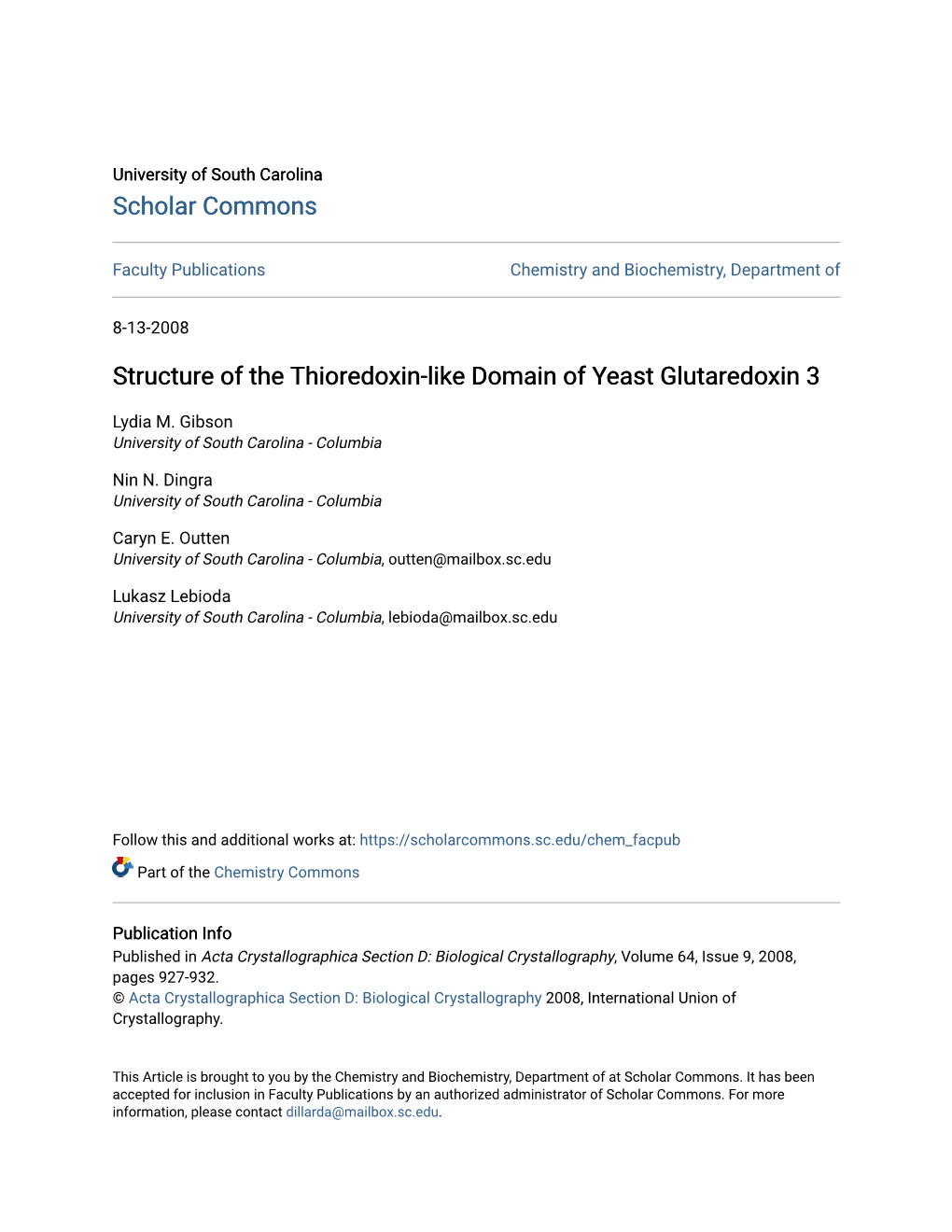 Structure of the Thioredoxin-Like Domain of Yeast Glutaredoxin 3