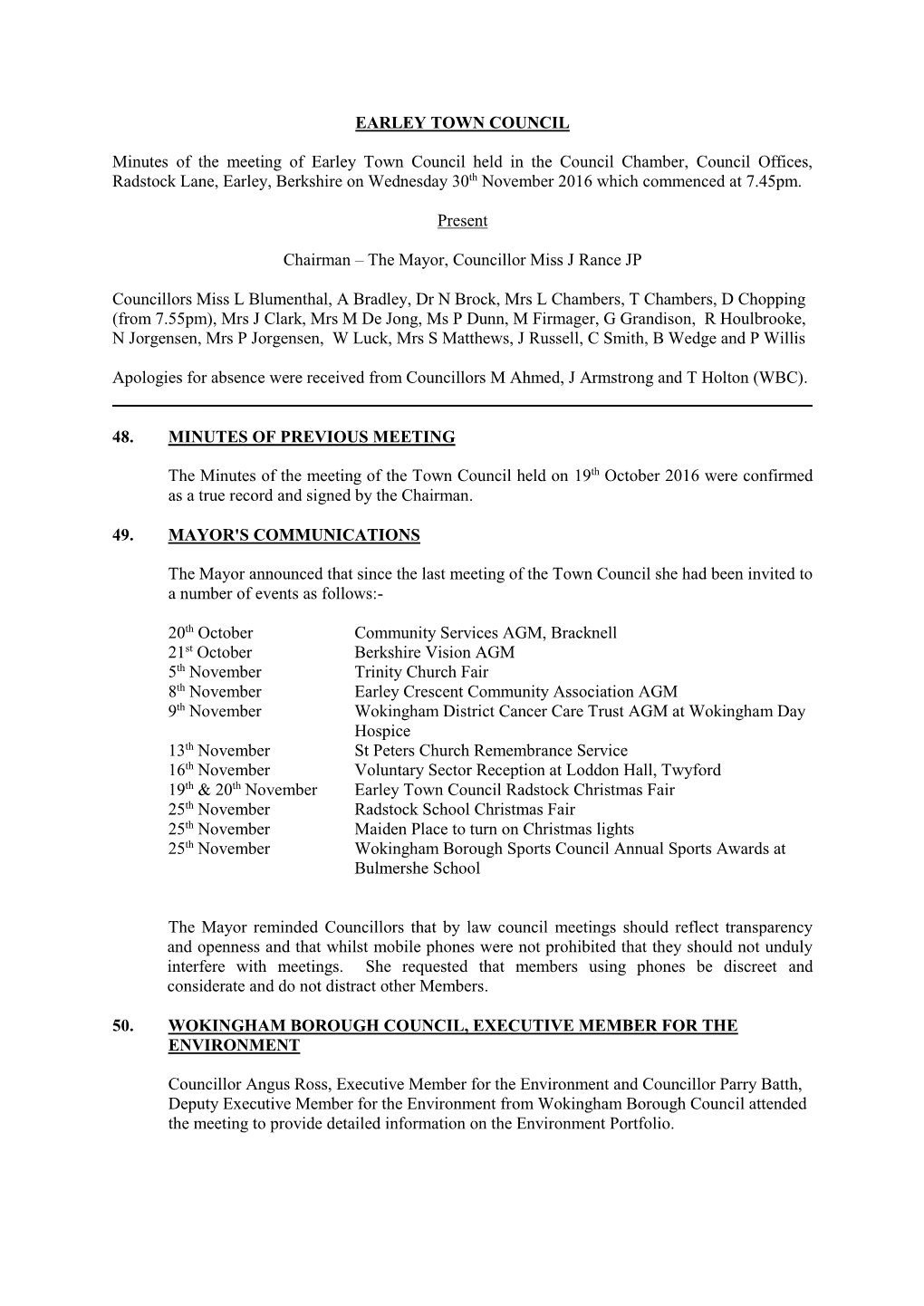 EARLEY TOWN COUNCIL Minutes of the Meeting of Earley Town Council