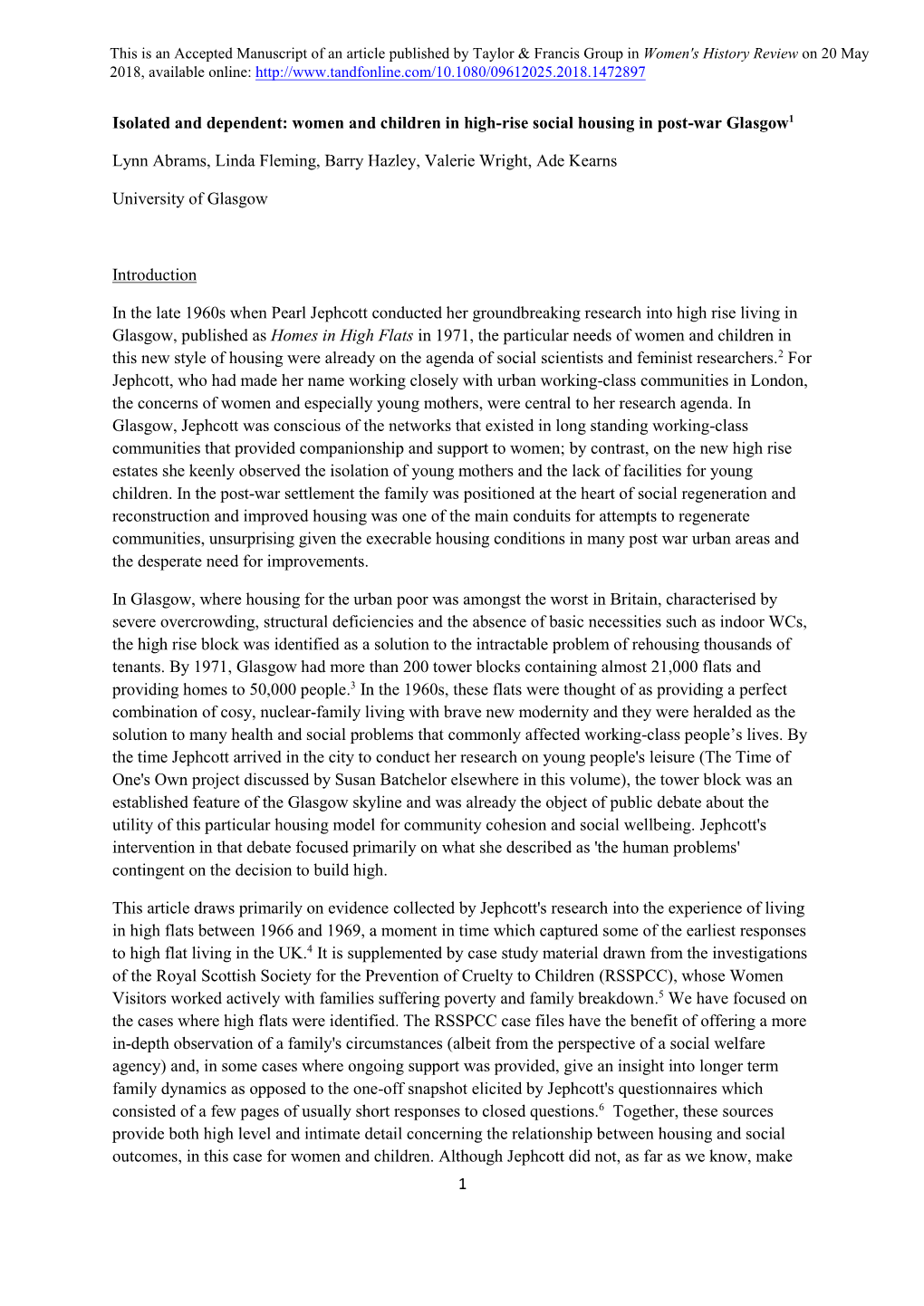 Women and Children in High-Rise Social Housing in Post-War Glasgow1 Lynn Abrams, Linda Fleming, Barry