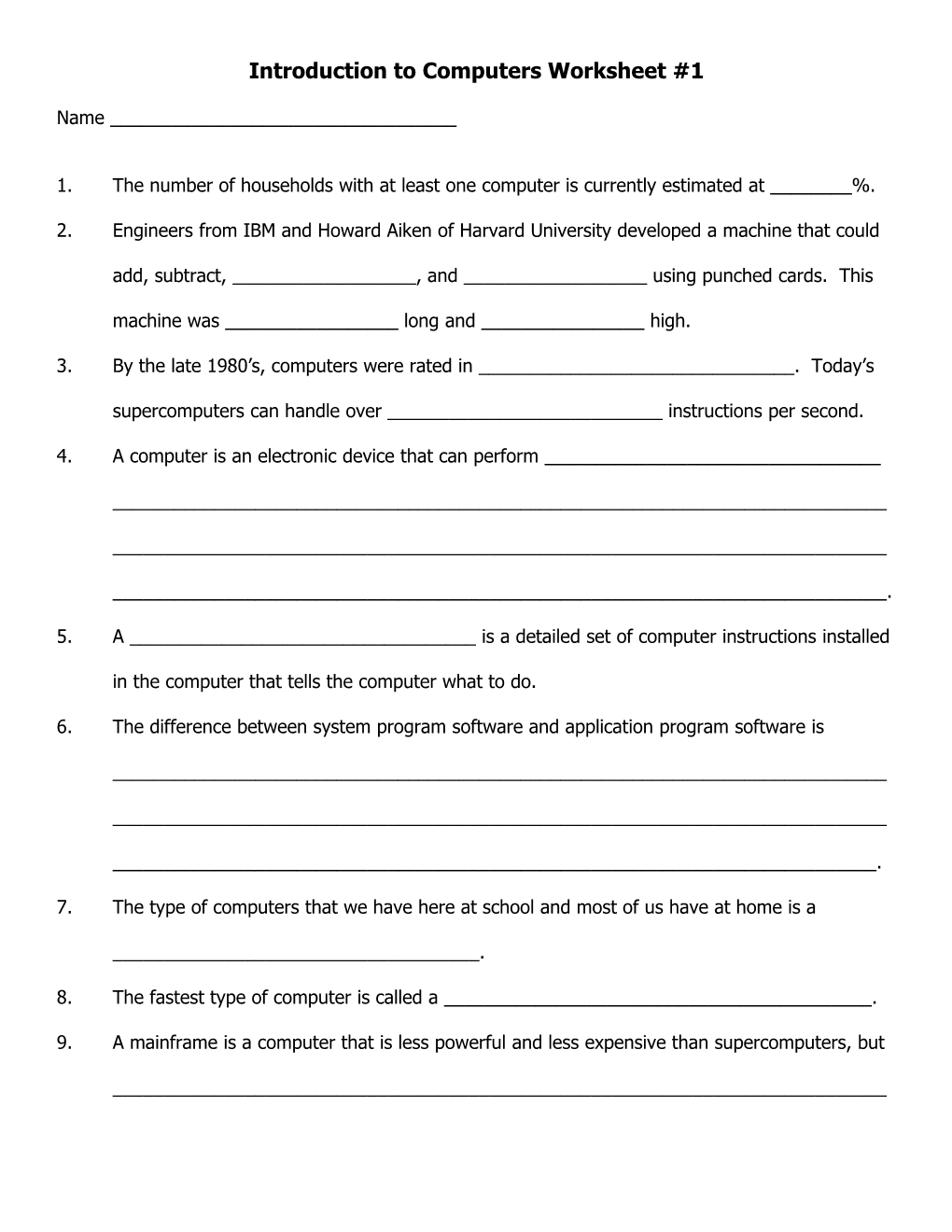 Introduction to Computers Worksheet #1