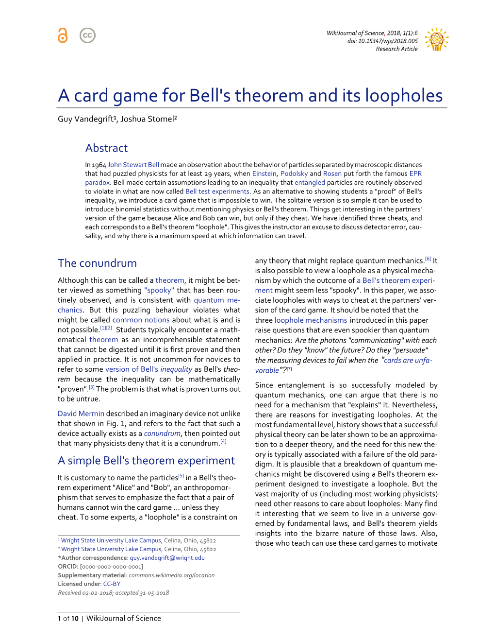 A Card Game for Bell's Theorem and Its Loopholes Guy Vandegrift¹, Joshua Stomel²