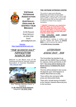 “The Slouch Hat” NEWSLETTER MARCH 2021