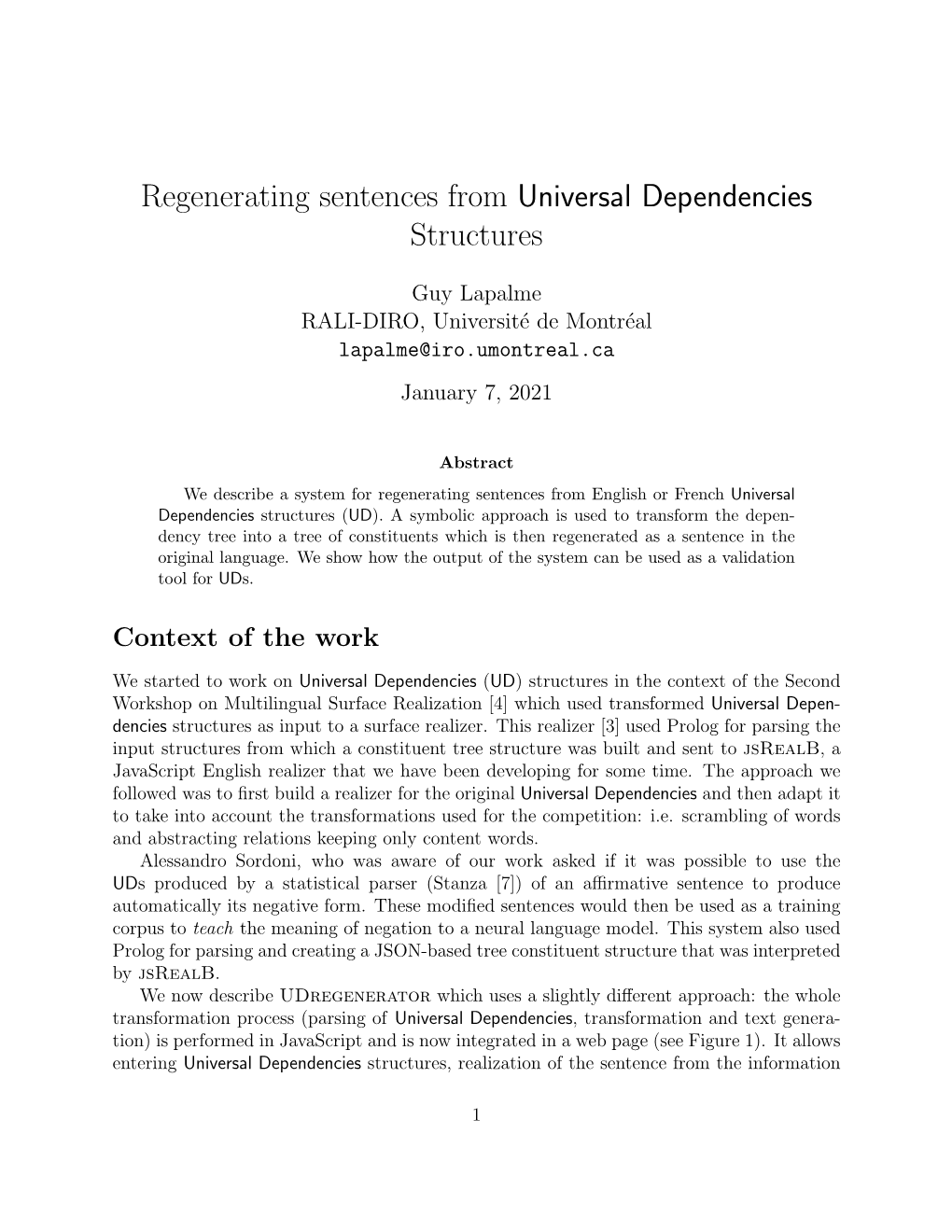 Regenerating Sentences from Universal Dependencies Structures