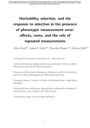 Heritability, Selection, and the Response to Selection in the Presence of Phenotypic Measurement Error: Eﬀects, Cures, and the Role of Repeated Measurements