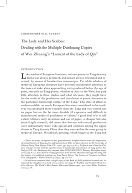 The Lady and Her Scribes: Dealing with the Multiple Dunhuang Copies of Wei Zhuang's “Lament of the Lady of Qin”