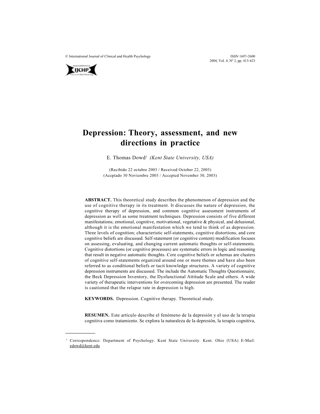 Depression: Theory, Assessment, and New Directions in Practice