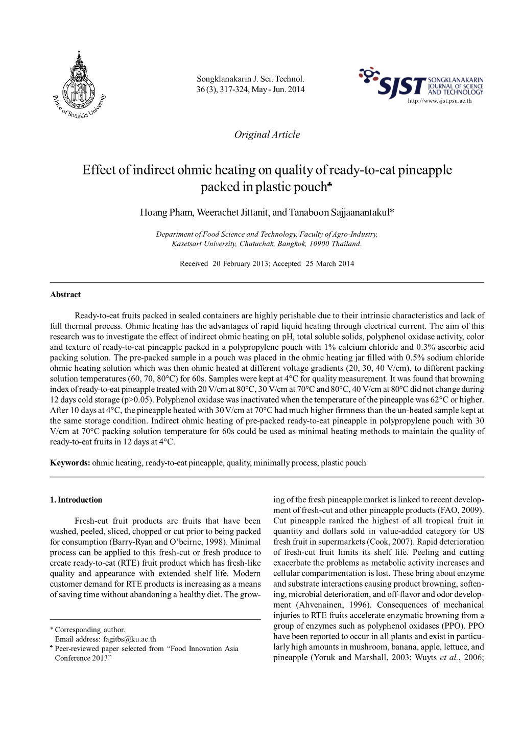 Effect of Indirect Ohmic Heating on Quality of Ready-To-Eat Pineapple Packed in Plastic Pouch