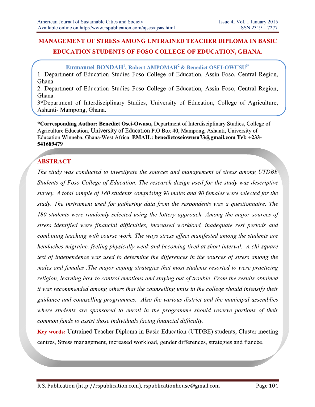 American Journal of Sustainable Cities and Society Issue 4, Vol. 1 January 2015 Available Online on ISSN 2319 – 7277