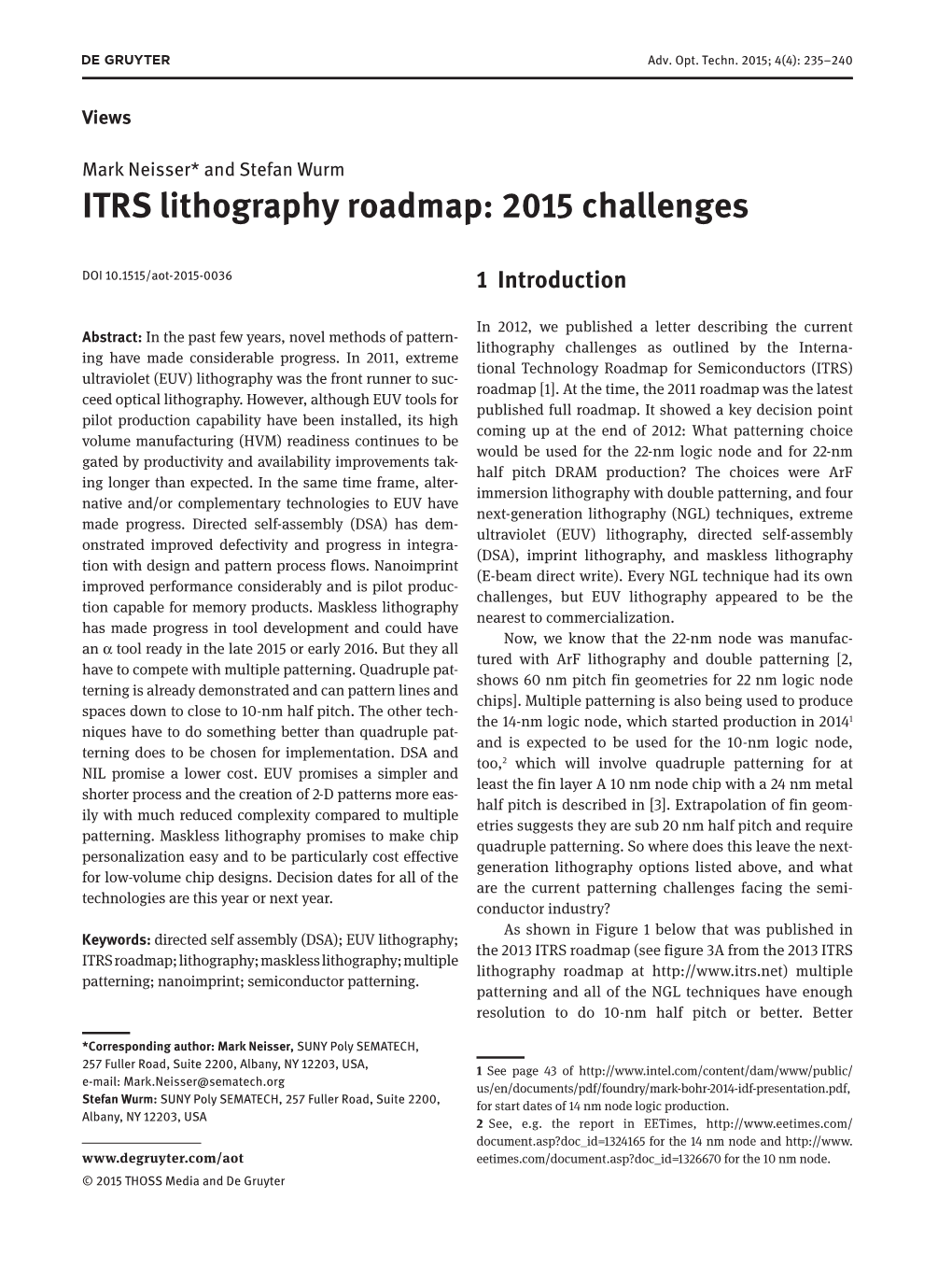 ITRS Lithography Roadmap: 2015 Challenges