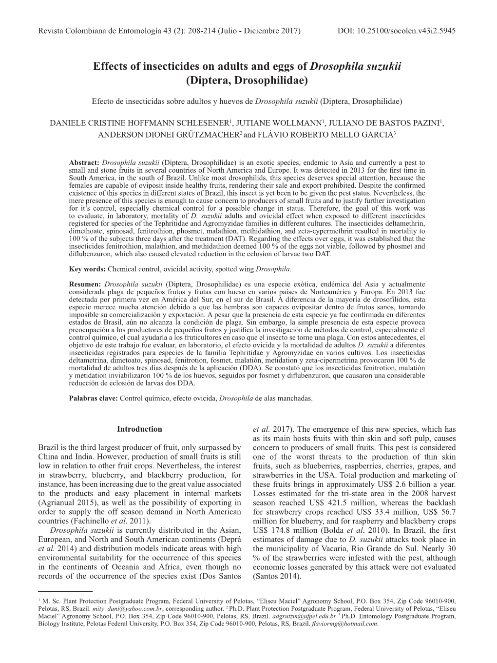 Effects of Insecticides on Adults and Eggs of Drosophila Suzukii (Diptera, Drosophilidae)