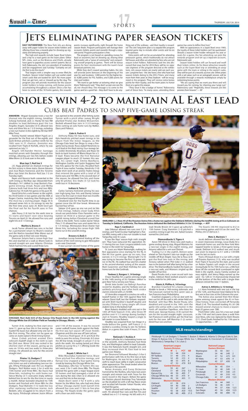 Orioles Win 4-2 to Maintain AL East Lead Cubs Beat Padres to Snap Five-Game Losing Streak
