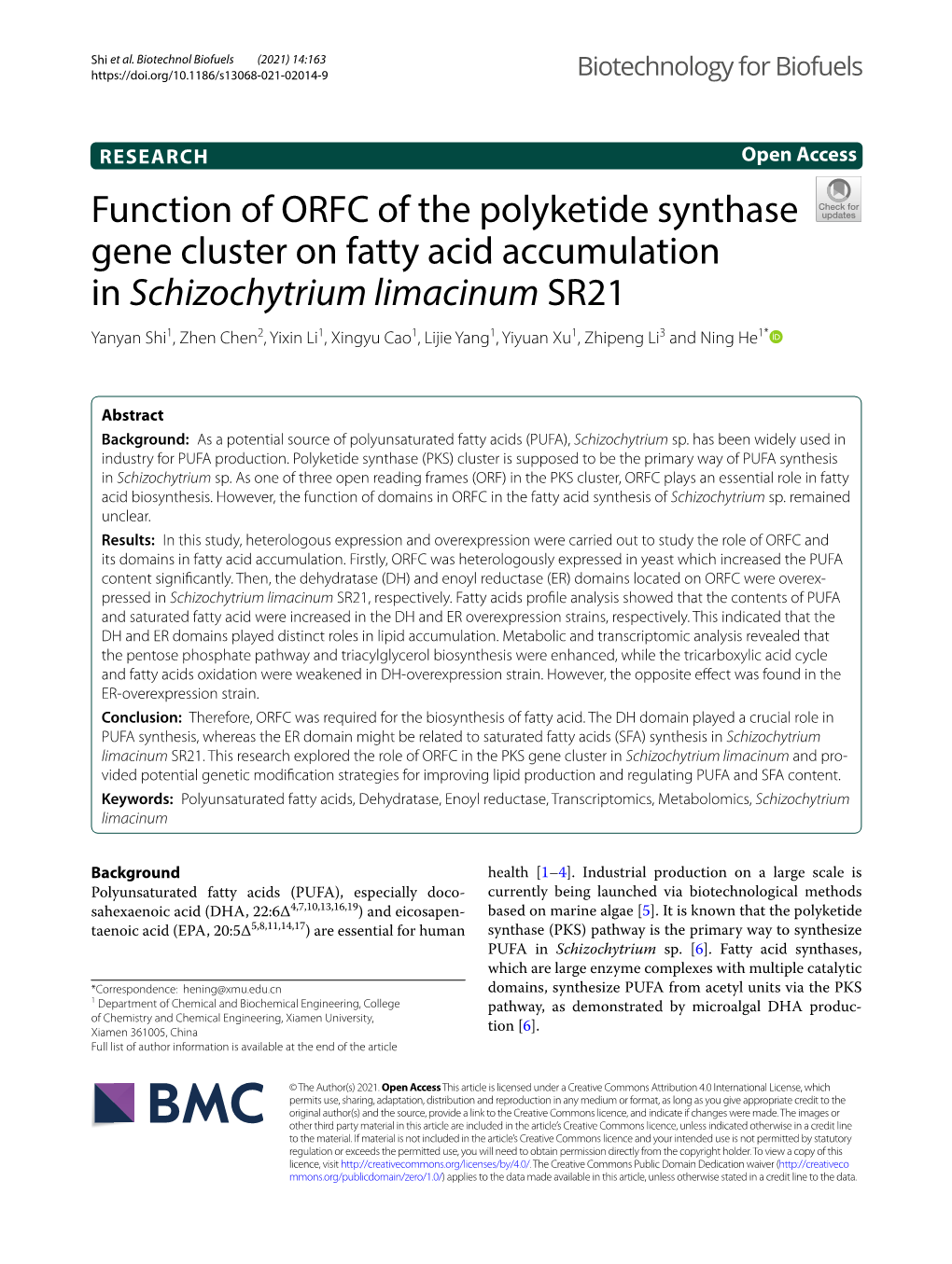 Function of ORFC of the Polyketide Synthase Gene Cluster on Fatty Acid