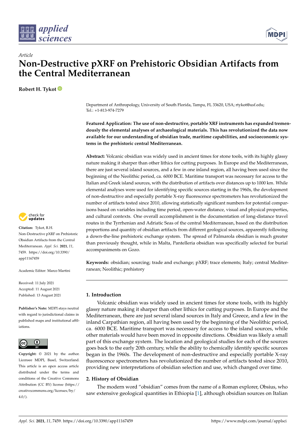 Non-Destructive Pxrf on Prehistoric Obsidian Artifacts from the Central Mediterranean