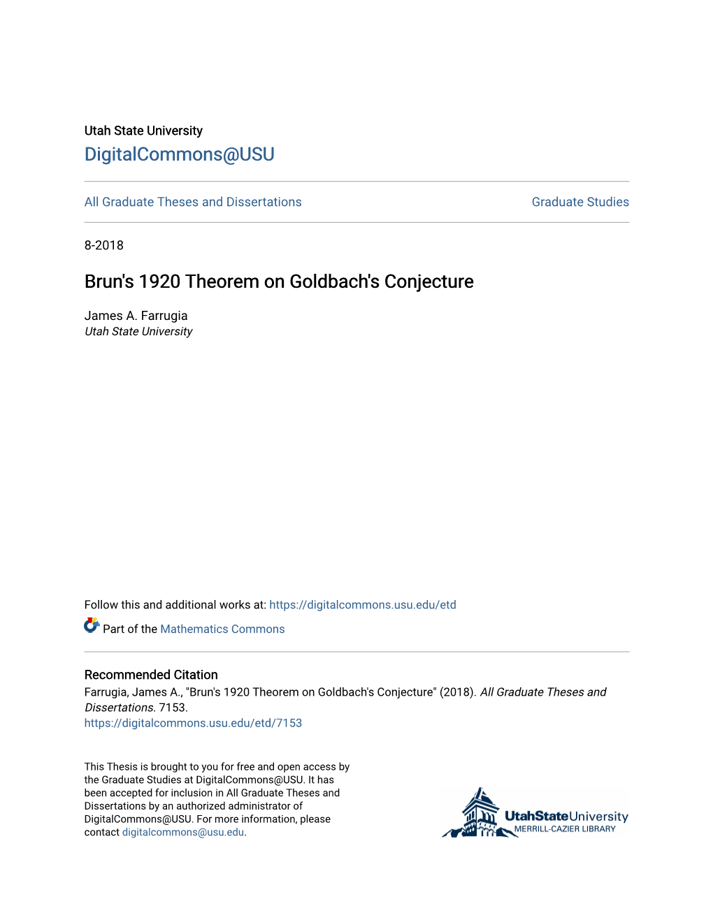 Brun's 1920 Theorem on Goldbach's Conjecture