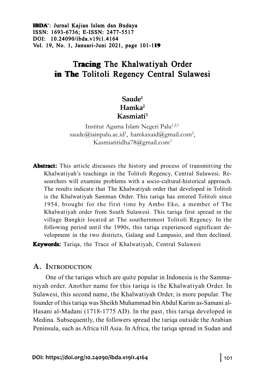 Tracing the Khalwatiyah Order the Khalwatiyah Order in the Tolitoli