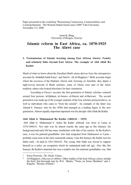 Islamic Reform in East Africa, Ca. 1870-1925 the Alawi Case