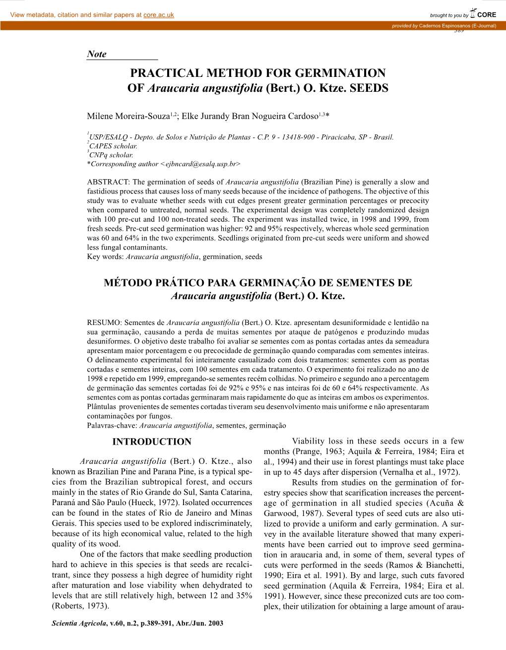 PRACTICAL METHOD for GERMINATION of Araucaria Angustifolia (Bert.) O