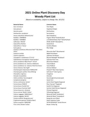 2021 Online Plant Discovery Day Woody Plant List (Based on Availability, Subject to Change