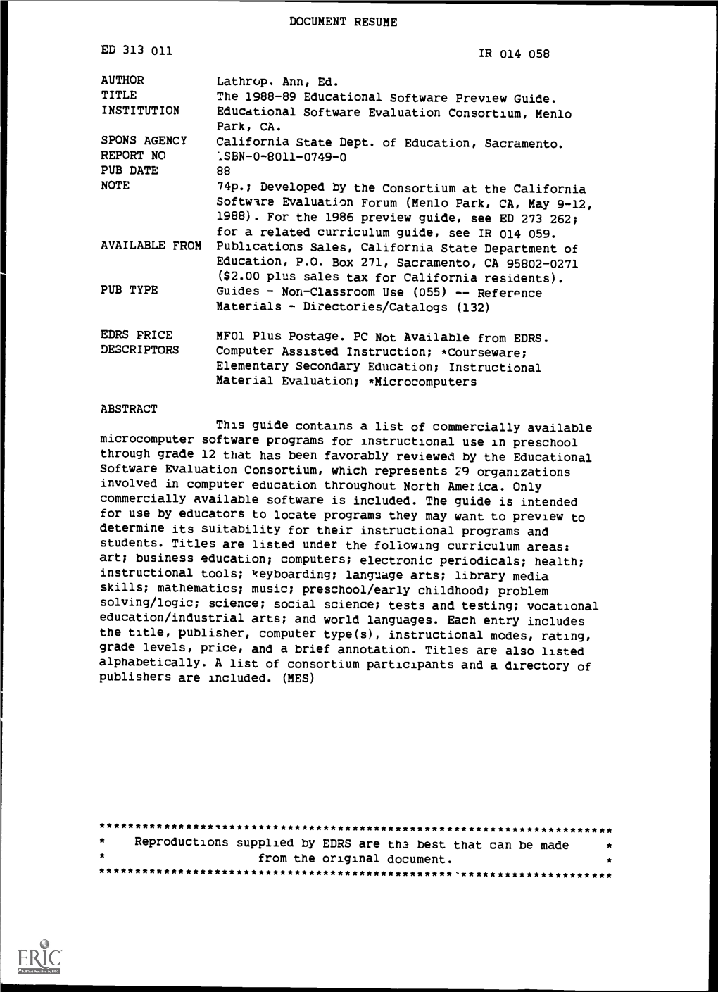 DOCUMENT RESUME ED 313 011 IR 014 058 AUTHOR Lathrop. Ann