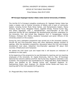 MP Koraput Saptagiri Sankar Ulaka Visits Central University of Odisha