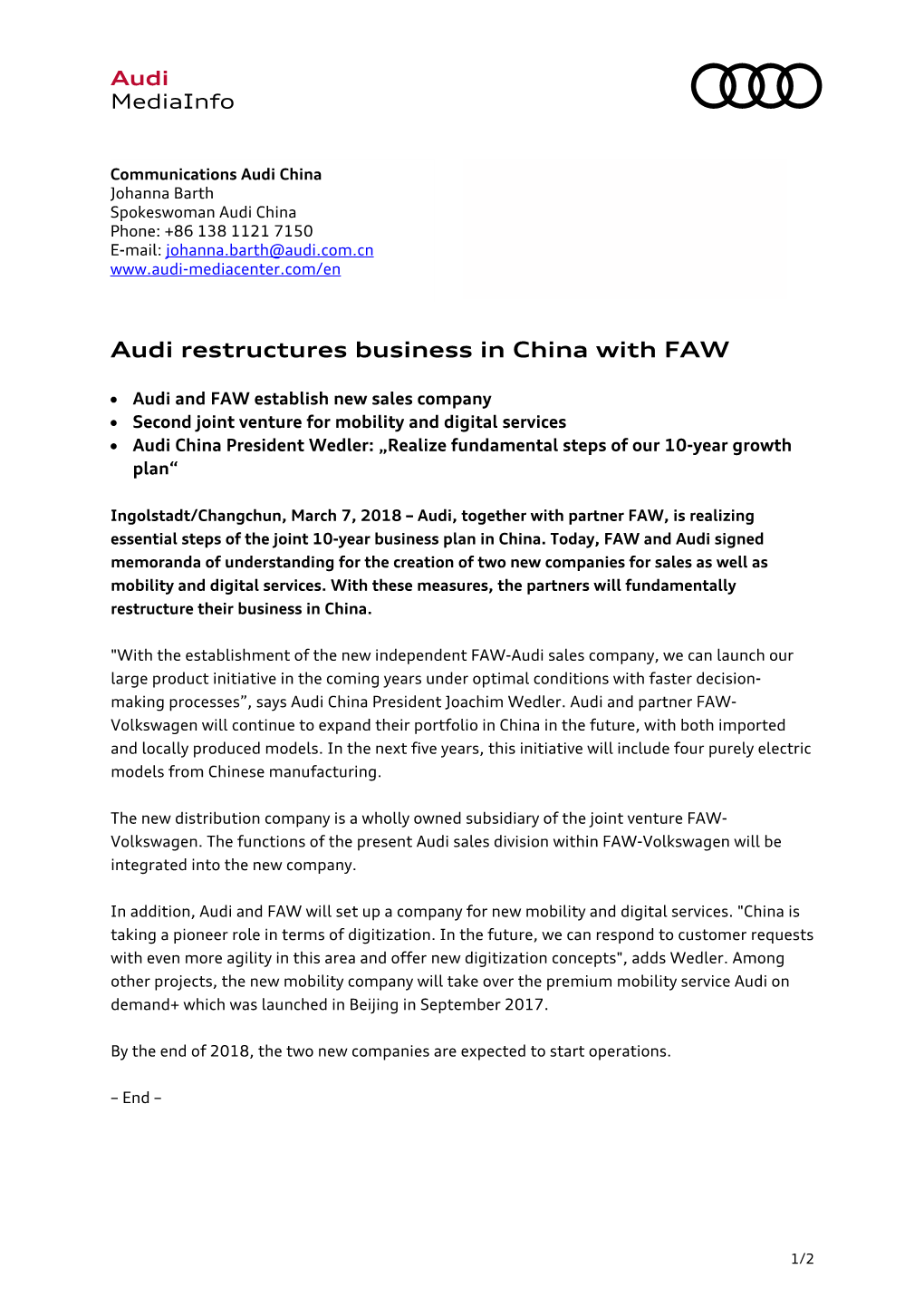 Audi Restructures Business in China with FAW