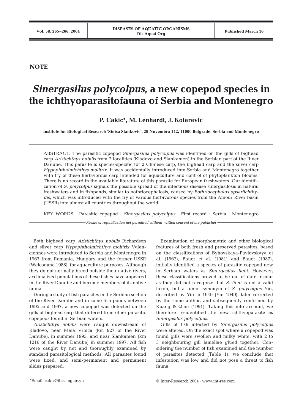 Sinergasilus Polycolpus, a New Copepod Species in the Ichthyoparasitofauna of Serbia and Montenegro