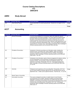 Course Catalog Descriptions for 20092010 ABRD Study Abroad ACCT Accounting
