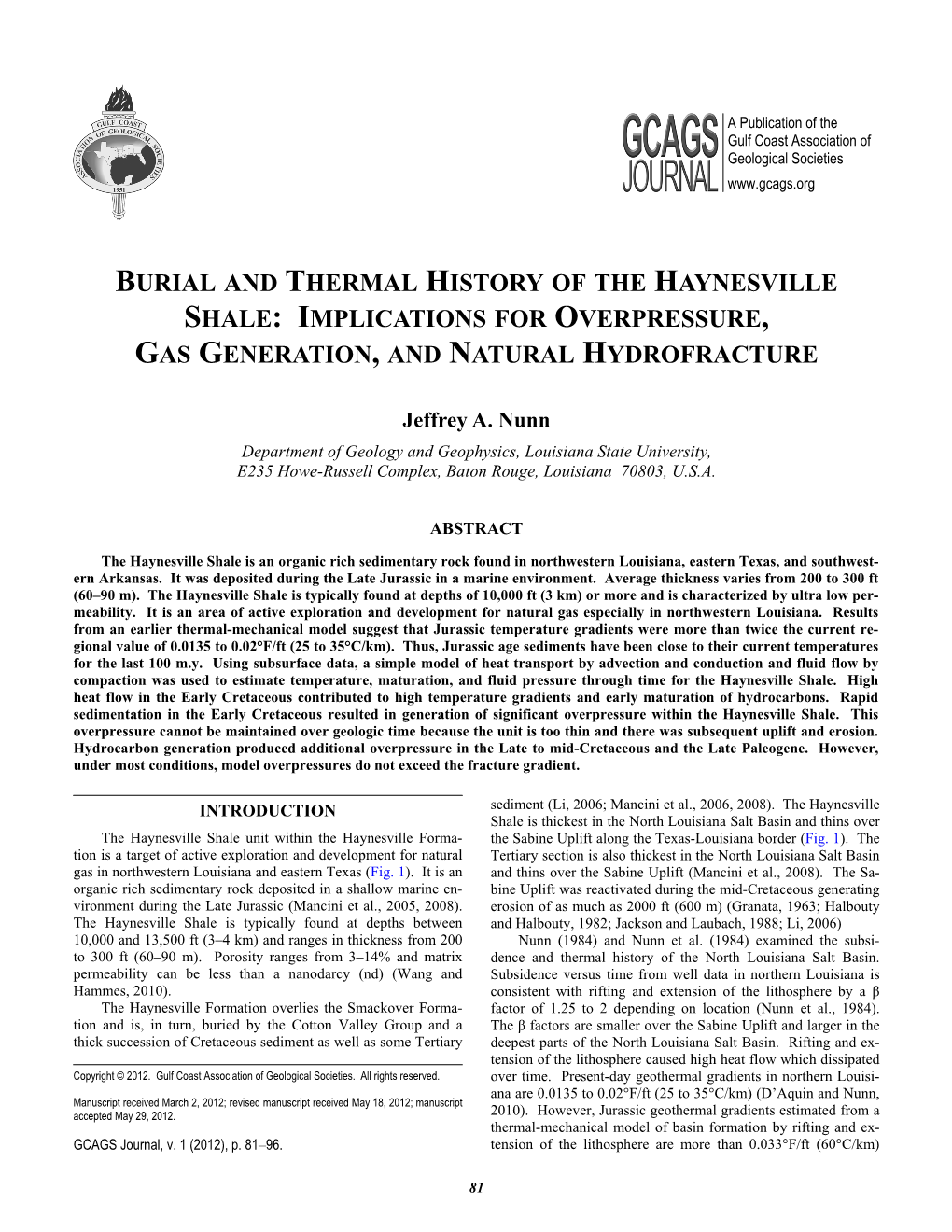 Burial and Thermal History of the Haynesville Shale: Implications for Overpressure, Gas Generation, and Natural Hydrofracture