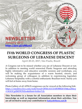 Ivth WORLD CONGRESS of PLASTIC SURGEONS of LEBANESE DESCENT April 20-23, 2017, Săo Paulo, Brazil
