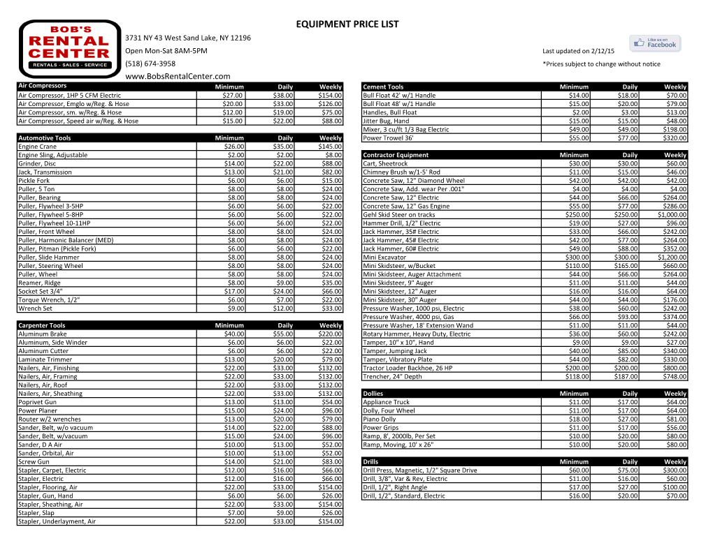 Equipment Price List