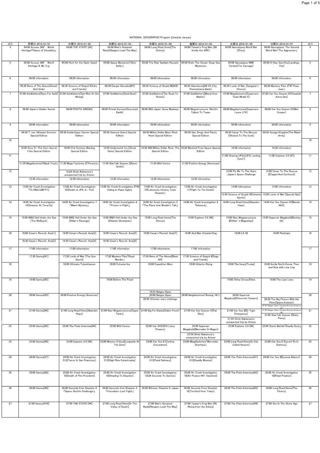 NATIONAL GEOGRAPHIC Program Schedule January