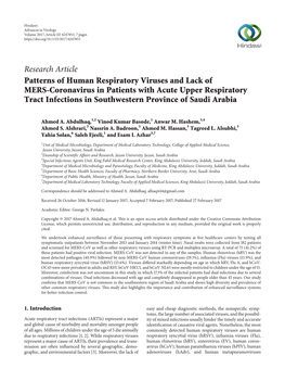 Patterns of Human Respiratory Viruses and Lack of MERS-Coronavirus in Patients with Acute Upper Respiratory Tract Infections in Southwestern Province of Saudi Arabia