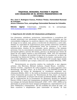 Tequinas, Mohanes, Piaches Y Jeques. Los Chamanes En El Mundo Prehispánico De Colombia